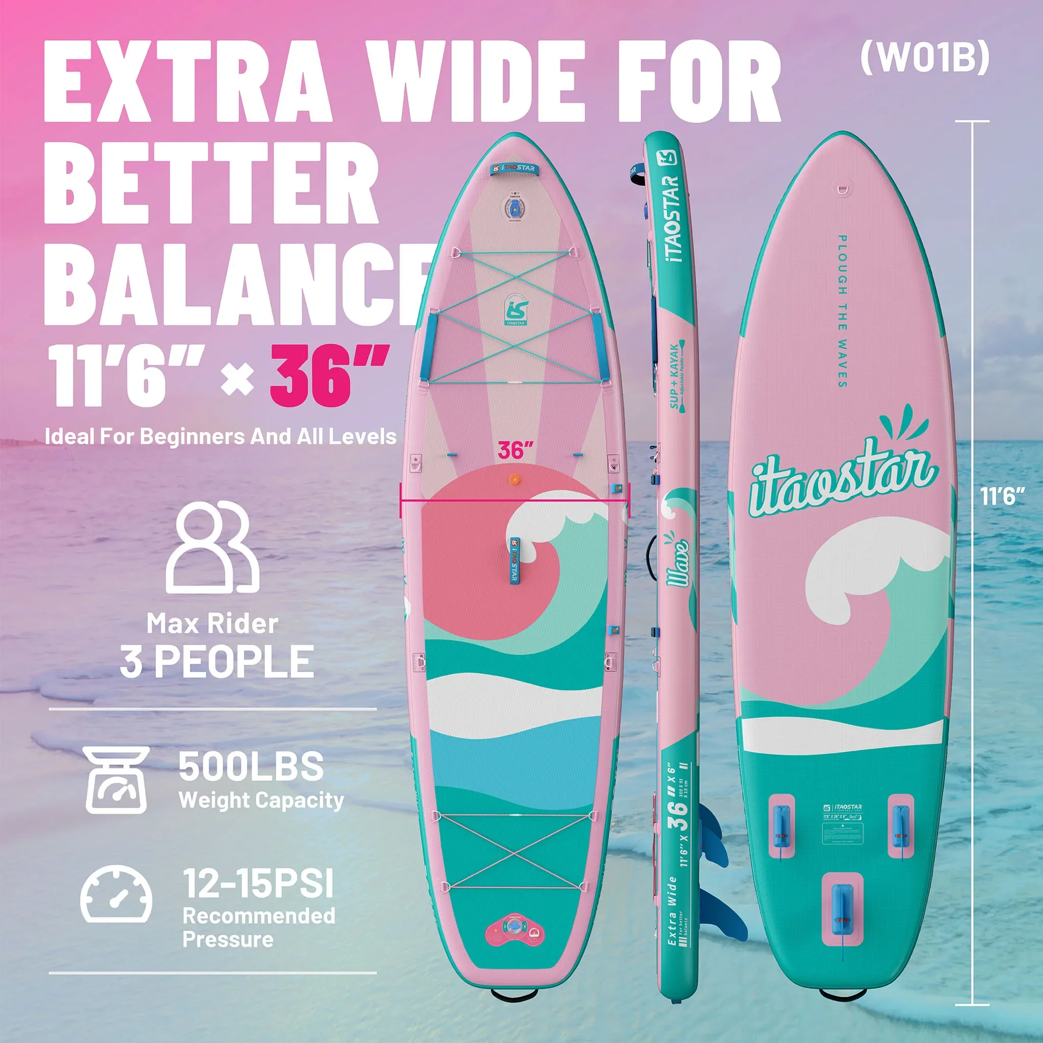 ITAOSATAR WAVE W01B Inflatable Stand Up Paddle Board (SUP) - 11'6" x 36" x 6" for Surfing and Water Sports