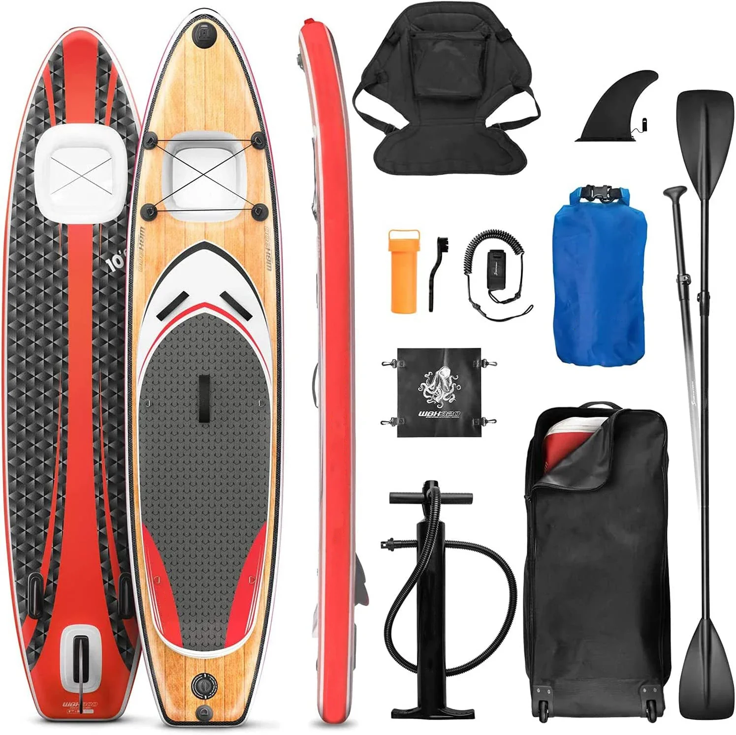 Double Layer Wood Stand Up Paddle Board (SUP) - 11ft with Underwater Viewing Window, Cam Action Kayak Seat & Wheel Bag