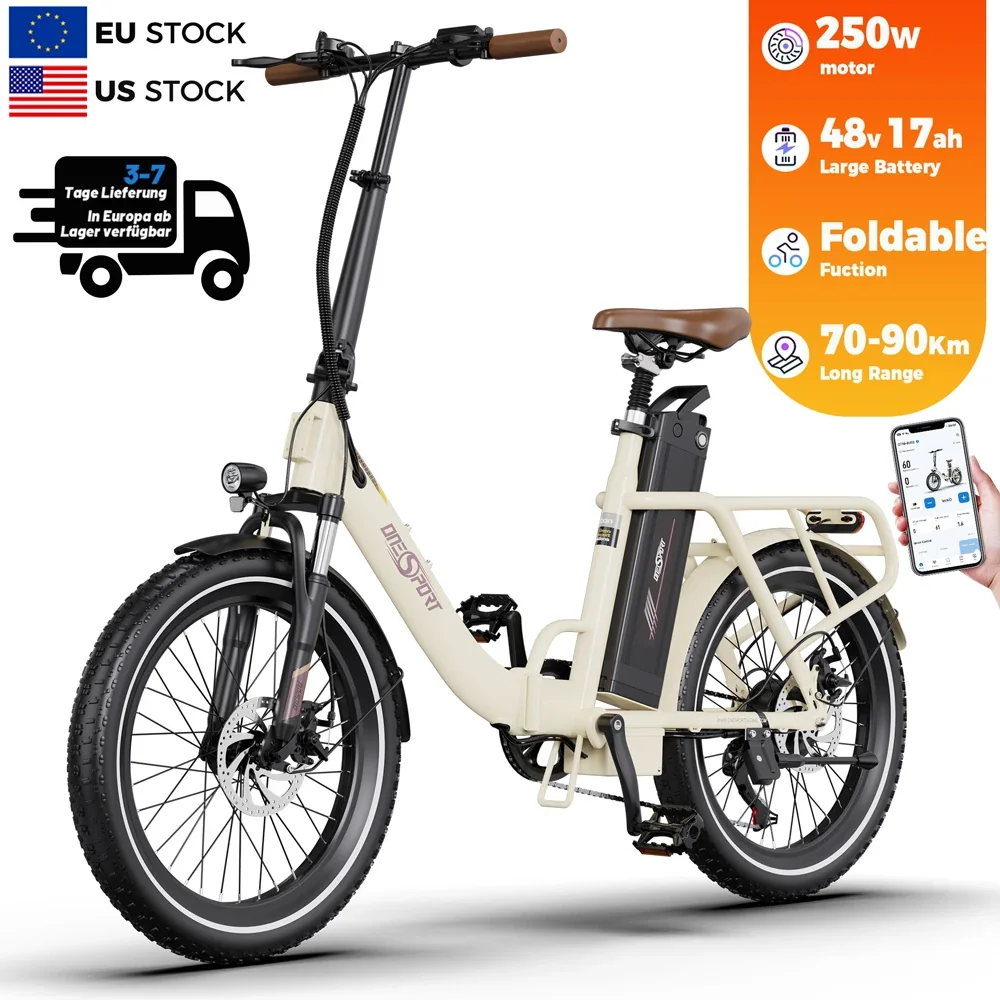 Onesport Adult Fat Tire Electric Folding Bike, 250W Suspension, 48V, Women's Electric Bicycle, EU Warehouse, Foldable for City Use