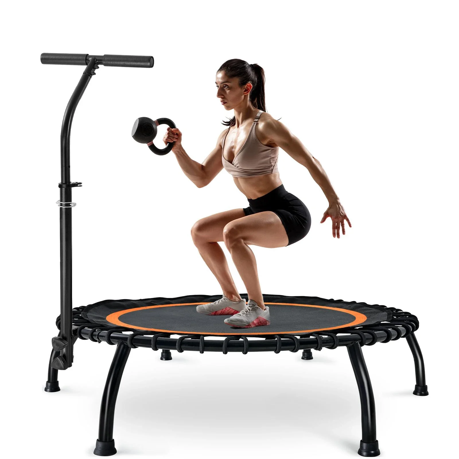 Rouser Fitness Portable Mini Trampoline with Adjustable Foam Handle - Silent & Stable Bounce Rebounder for Kids and Adults